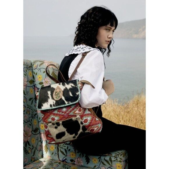Myra Bag Handmade Serein Backpack Upcycled Canvas & Cowhide Leather - Picture 1 of 9